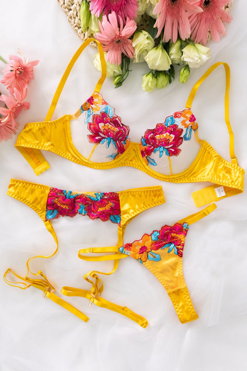 Valenzora | Satin-Sheer Blumen-Dessous-Set, 3-teilig