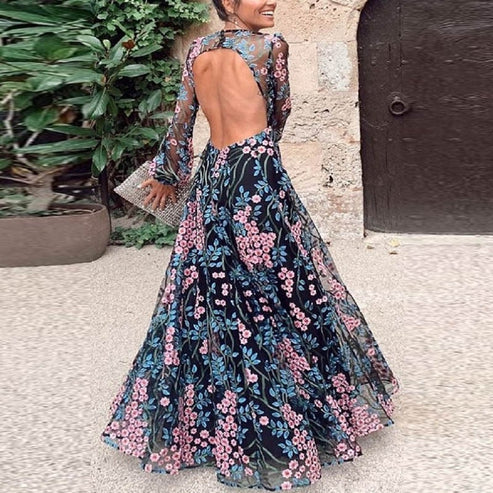 Valenzora | Vintage geblümtes rückenfreies Maxikleid