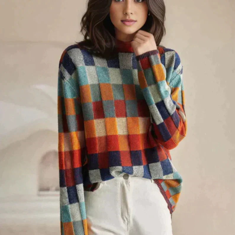 Sweater with a high collar in a checked pattern
