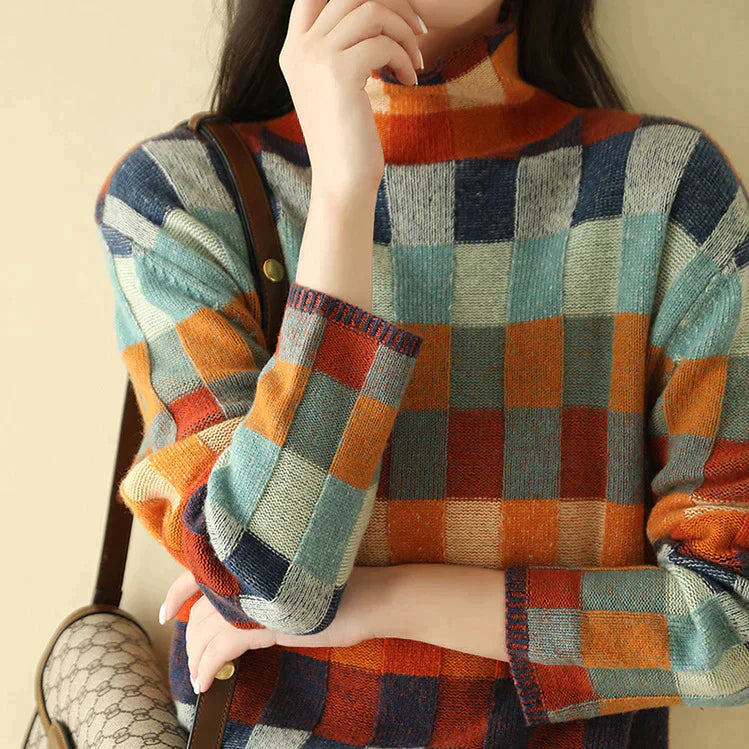 Sweater with a high collar in a checked pattern