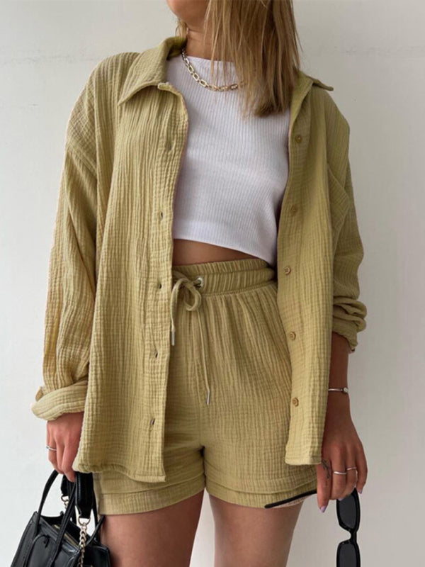 Valenzora | Women's Solid Color Lapel Collar Shirt & Shorts Two-Piece Set