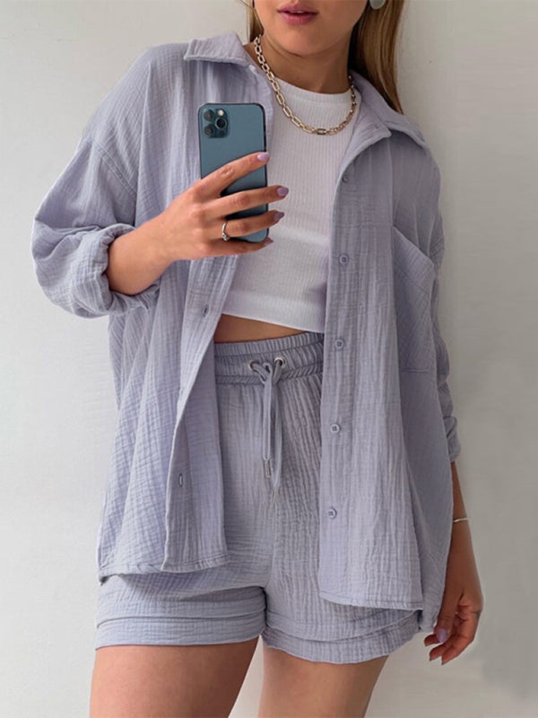 Valenzora | Women's Solid Color Lapel Collar Shirt & Shorts Two-Piece Set
