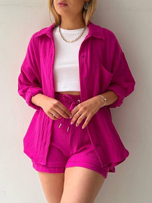 Valenzora | Women's Solid Color Lapel Collar Shirt & Shorts Two-Piece Set