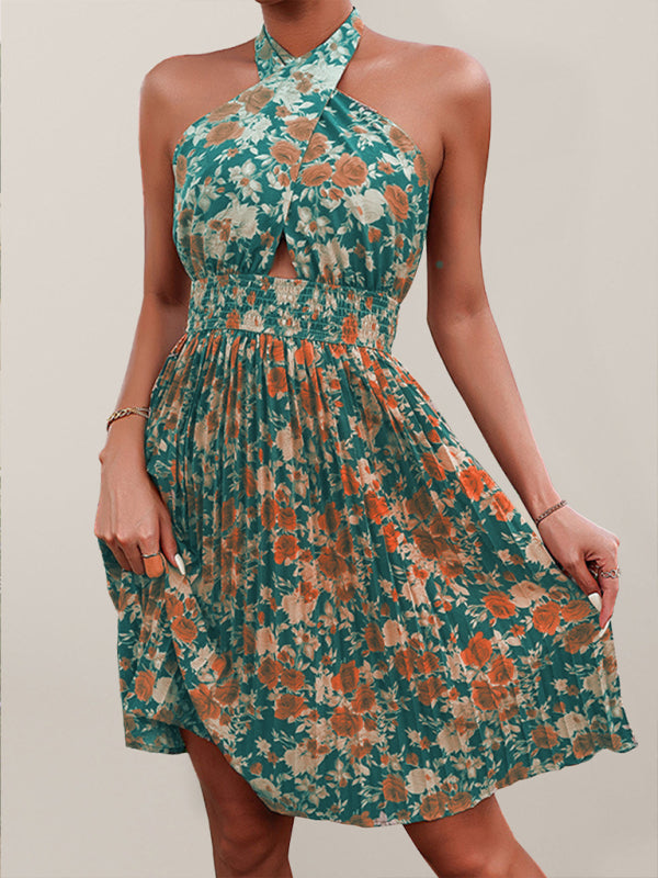 Valenzora | Damen gewebtes sexy Neckholder rückenfreies Blumenkleid