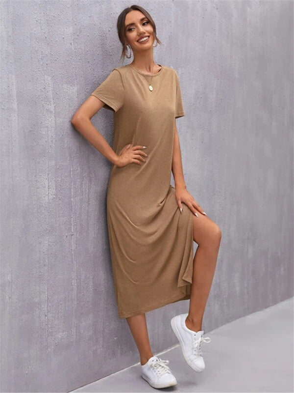Valenzora | Women's Knit Short Sleeve Dress Round Neck Slit Mid Skirt
