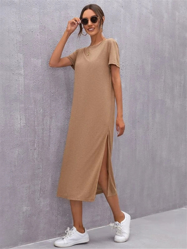 Valenzora | Women's Knit Short Sleeve Dress Round Neck Slit Mid Skirt