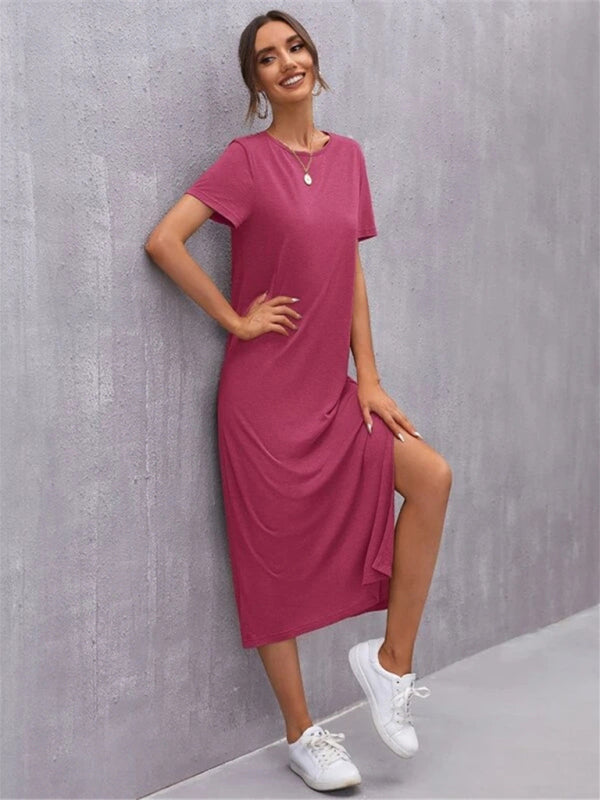 Valenzora | Women's Knit Short Sleeve Dress Round Neck Slit Mid Skirt