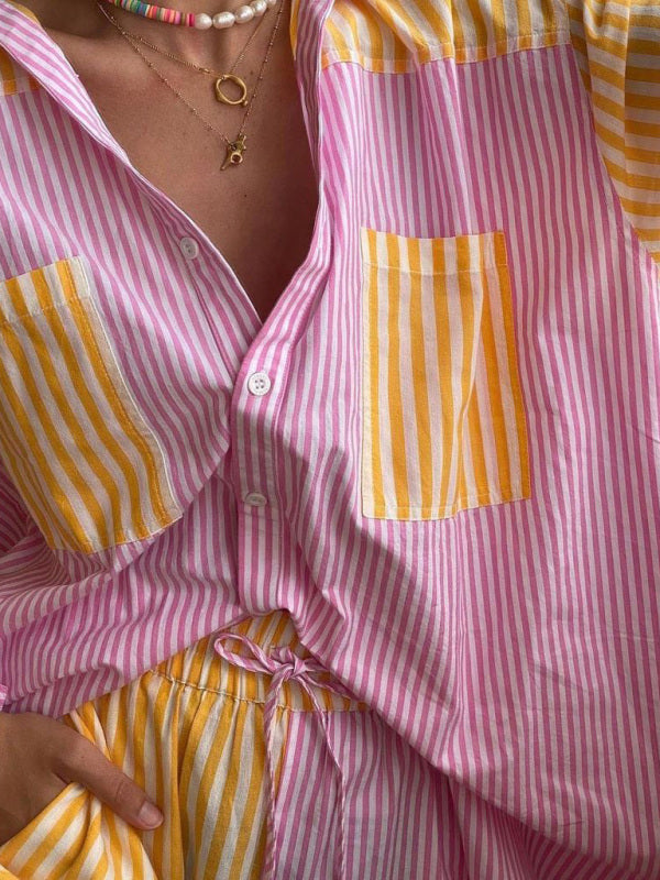 Valenzora | Summer Beach Sportswear Shorts Set Striped Shirt Tops Shorts Set Two-Piece Set