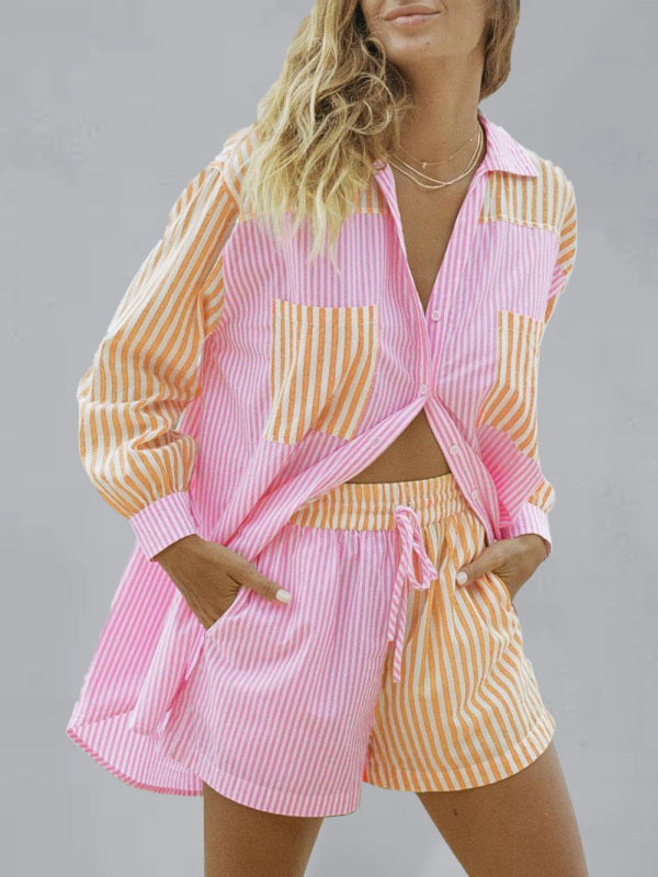 Valenzora | Summer Beach Sportswear Shorts Set Striped Shirt Tops Shorts Set Two-Piece Set