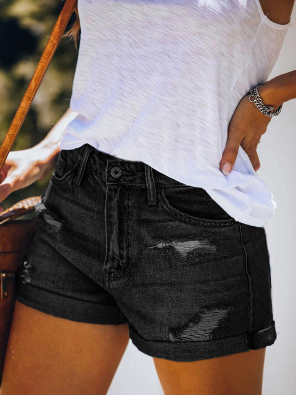 Valenzora | Women's Stretch Mid-Height Denim Shorts with Holes
