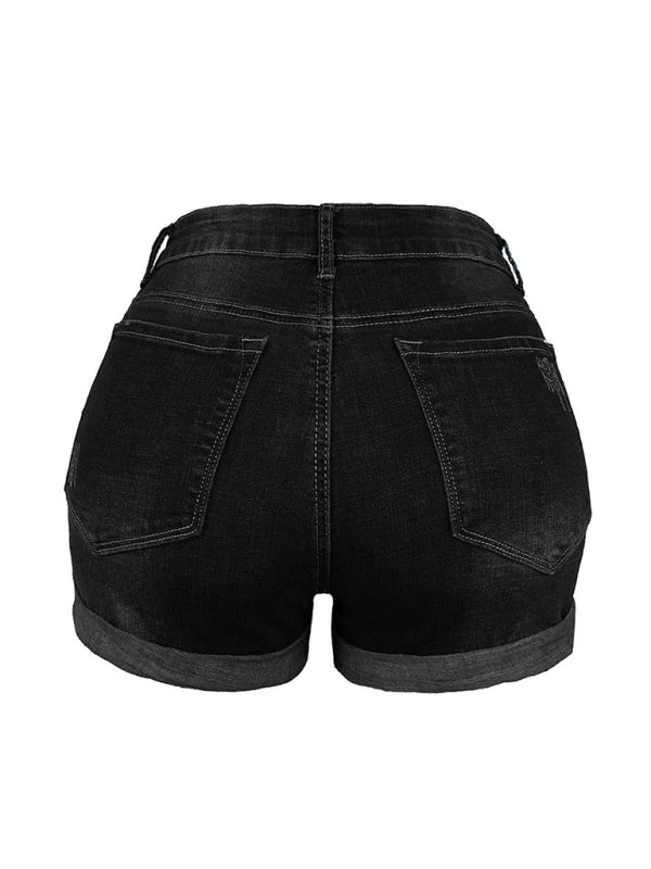 Valenzora | Women's Stretch Mid-Height Denim Shorts with Holes