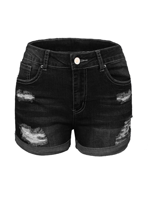 Valenzora | Women's Stretch Mid-Height Denim Shorts with Holes
