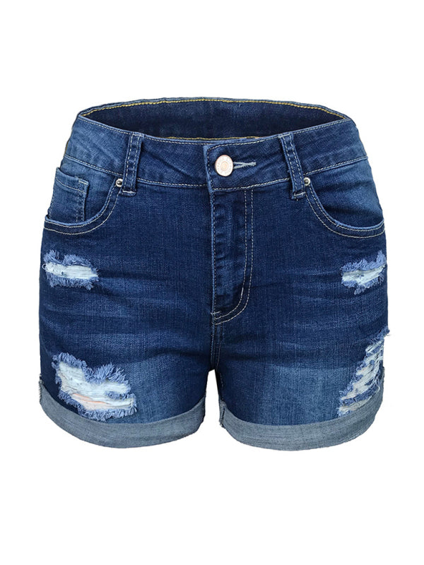 Valenzora | Women's Stretch Mid-Height Denim Shorts with Holes