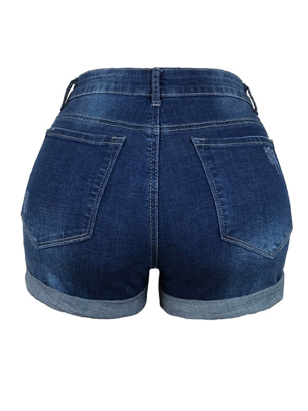 Valenzora | Women's Stretch Mid-Height Denim Shorts with Holes