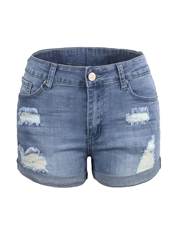 Valenzora | Women's Stretch Mid-Height Denim Shorts with Holes