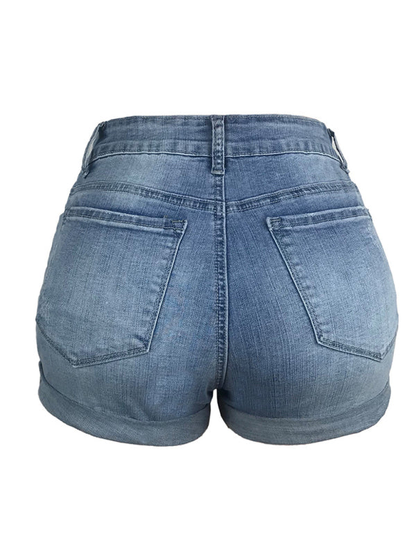 Valenzora | Women's Stretch Mid-Height Denim Shorts with Holes
