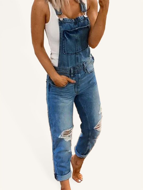 Valenzora | Double Shoulder Strap Ripped Denim Jumpsuit Women's Casual