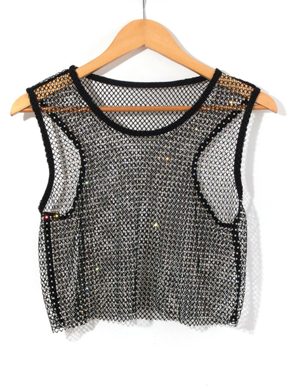 Valenzora | Sexy Mesh Lightning Diamond Fisherman's Net Vest Nightclub Perspective Hot Girl T-Shirt Top