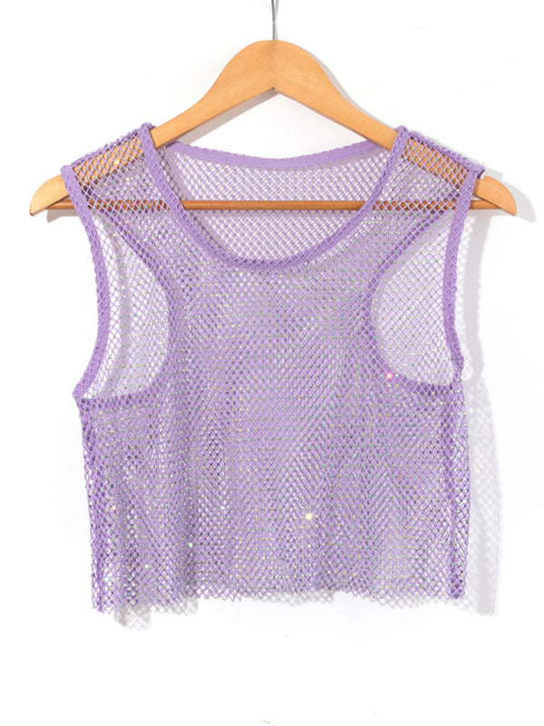 Valenzora | Sexy Mesh-Blitze Diamant-Fischernetz-Weste Nachtclub-Perspektive Hot Girl T-Shirt Oberteil