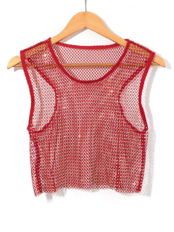 Valenzora | Sexy Mesh Lightning Diamond Fisherman's Net Vest Nightclub Perspective Hot Girl T-Shirt Top