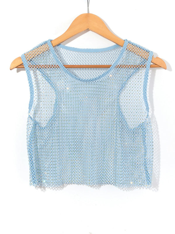 Valenzora | Sexy Mesh-Blitze Diamant-Fischernetz-Weste Nachtclub-Perspektive Hot Girl T-Shirt Oberteil