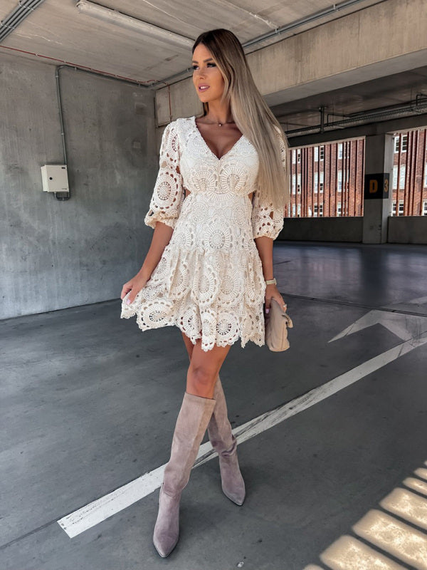 Valenzora | Damen V-Ausschnitt Spitzenkleid in Unifarben