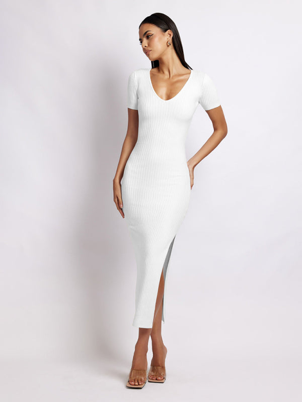 Valenzora | Women's Knit V-Neck Fitted Slit Short Sleeve Midi Dress