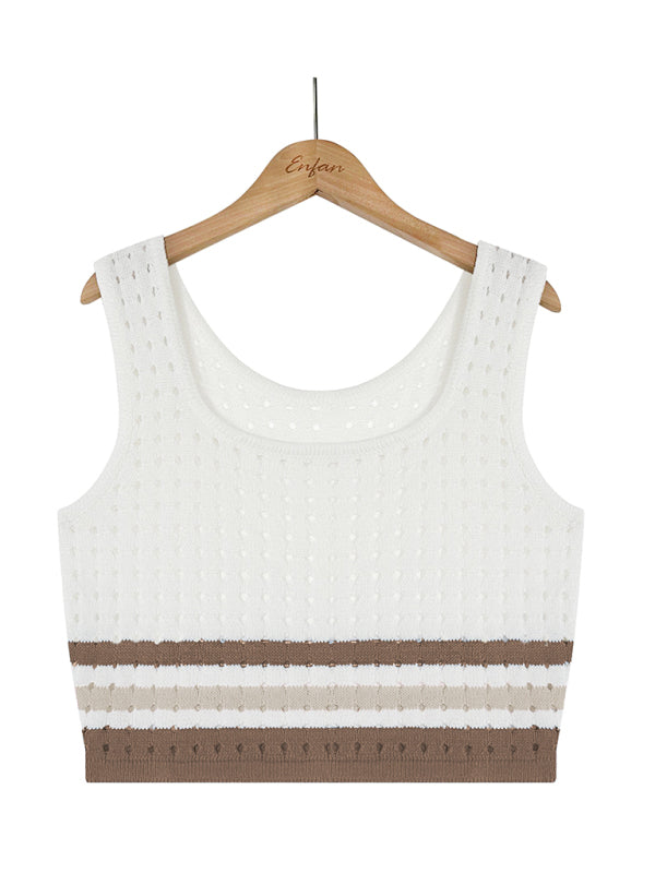 Valenzora | Khakifarbenes gestreiftes Crop-Top & Bleistiftrock-Set aus Lochstrick