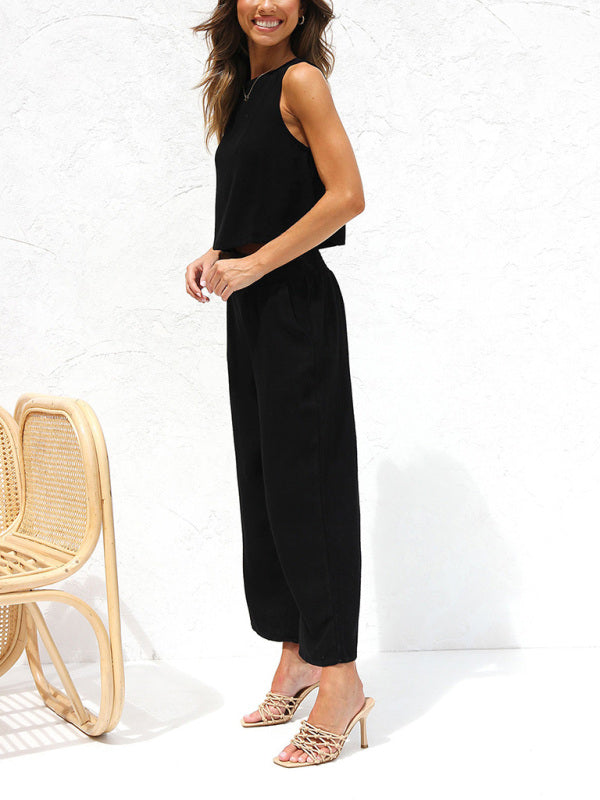 Valenzora | Women's Casual Sleeveless Button-Down Vest with Wide-Leg Trousers, Cotton and Linen Suit
