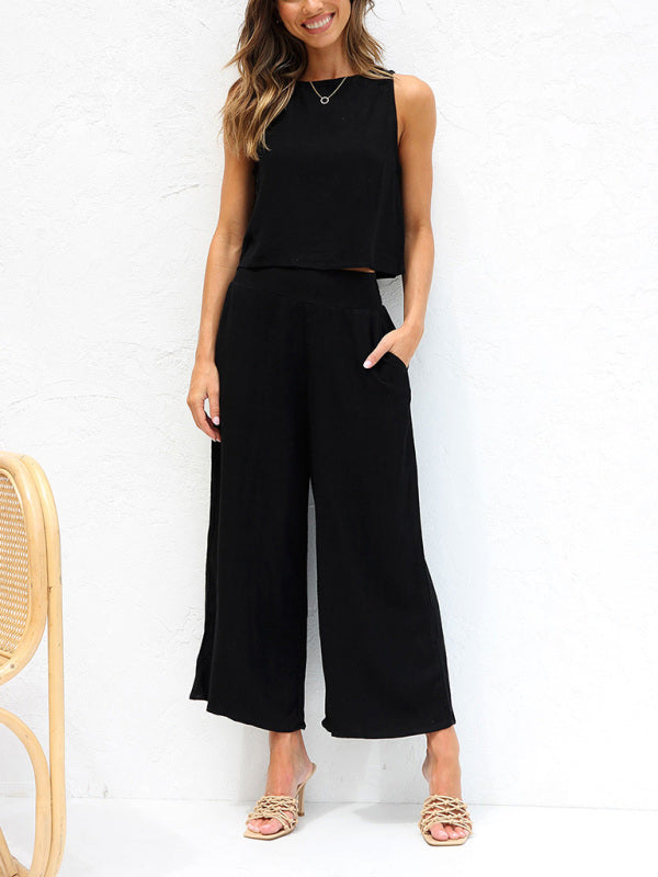 Valenzora | Women's Casual Sleeveless Button-Down Vest with Wide-Leg Trousers, Cotton and Linen Suit