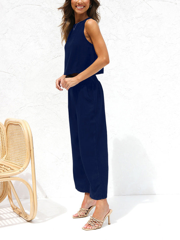 Valenzora | Women's Casual Sleeveless Button-Down Vest with Wide-Leg Trousers, Cotton and Linen Suit