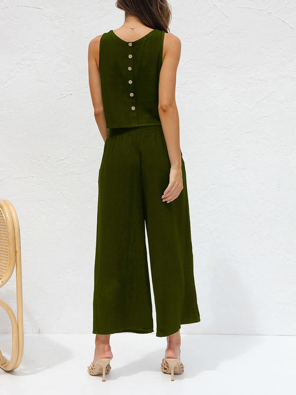 Valenzora | Women's Casual Sleeveless Button-Down Vest with Wide-Leg Trousers, Cotton and Linen Suit