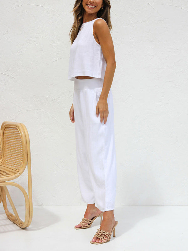 Valenzora | Women's Casual Sleeveless Button-Down Vest with Wide-Leg Trousers, Cotton and Linen Suit