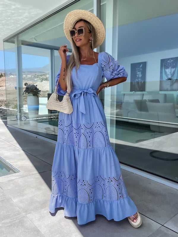 Valenzora | Women's Woven Square Neckline Hollow Crochet Mosaic Casual Long Dress