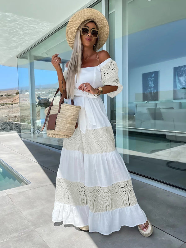 Valenzora | Women's Woven Square Neckline Hollow Crochet Mosaic Casual Long Dress