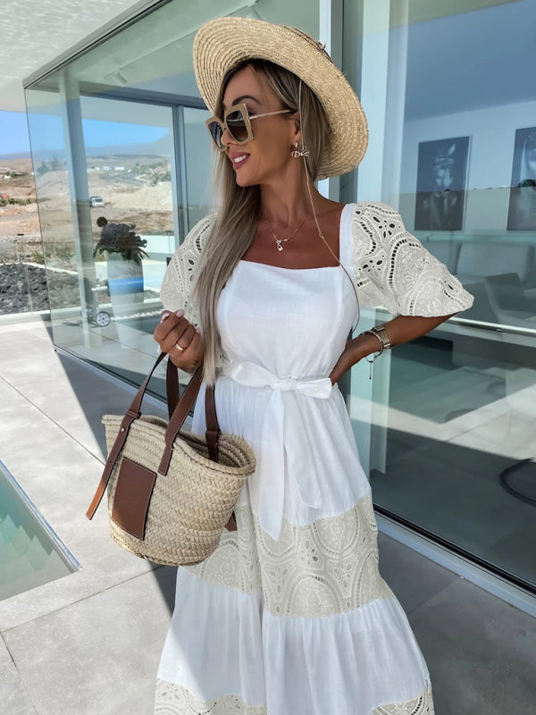 Valenzora | Women's Woven Square Neckline Hollow Crochet Mosaic Casual Long Dress