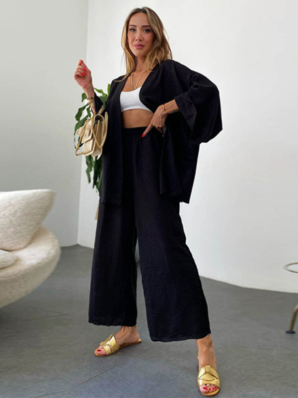 Valenzora | New Cotton and Linen Suit Cardigan Long-Sleeved Top Pocket Wide-Leg Trousers Two-Piece Set