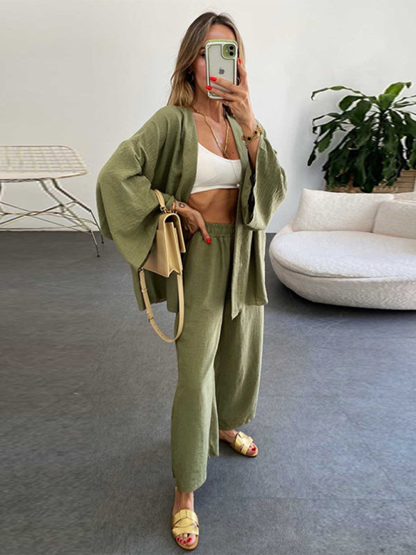Valenzora | New Cotton and Linen Suit Cardigan Long-Sleeved Top Pocket Wide-Leg Trousers Two-Piece Set