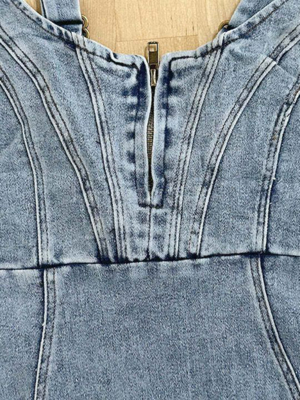 Valenzora | Short-sleeved U-neck strappy casual denim dress