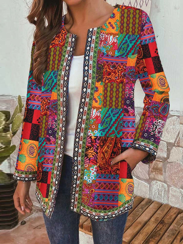 Valenzora | Casual retro cotton and linen printed loose long-sleeved cardigan jacket
