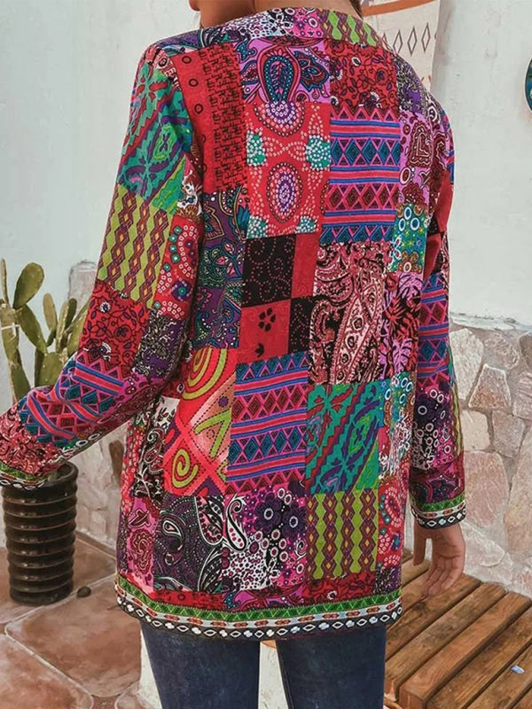 Valenzora | Casual retro cotton and linen printed loose long-sleeved cardigan jacket