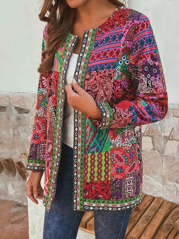 Valenzora | Casual retro cotton and linen printed loose long-sleeved cardigan jacket