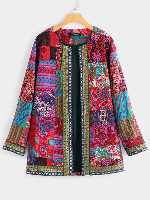 Valenzora | Casual retro cotton and linen printed loose long-sleeved cardigan jacket