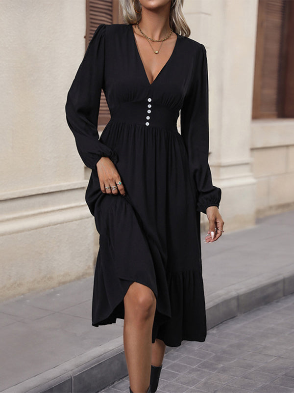 Valenzora | New Women's Long Sleeve Solid Color V-Neck Waist Dress
