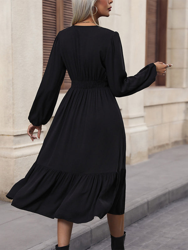 Valenzora | New Women's Long Sleeve Solid Color V-Neck Waist Dress