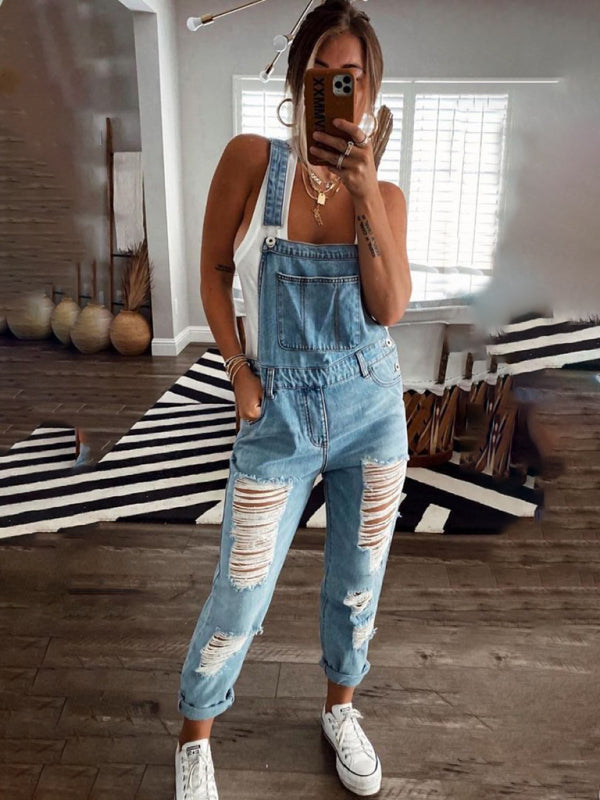 Valenzora | New Style Casual Commuter Ripped Mid Waist Denim Overall