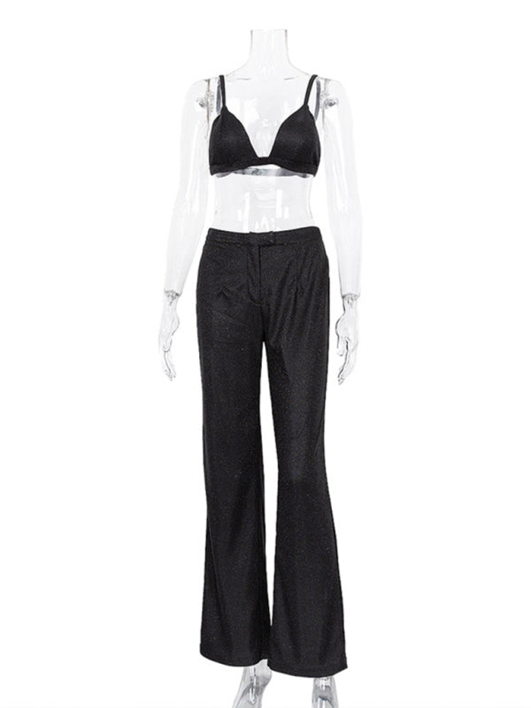 Valenzora | Neues Camisole, schmale High-Waist-Hose, sexy Pailletten-Jackenanzug-Set (Dreiteiler)