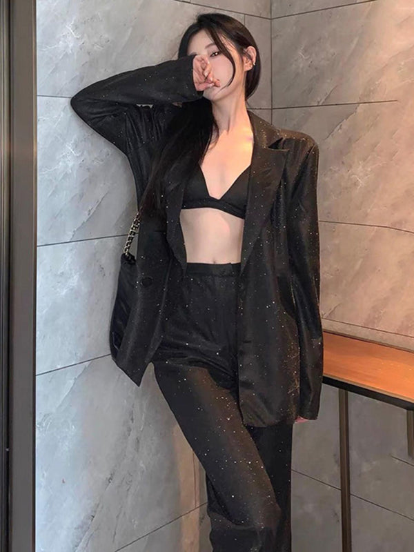 Valenzora | Neues Camisole, schmale High-Waist-Hose, sexy Pailletten-Jackenanzug-Set (Dreiteiler)