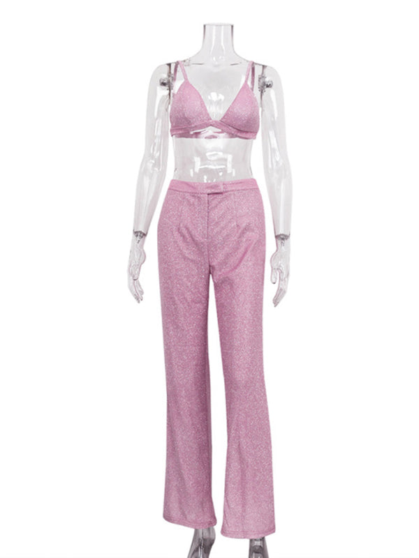 Valenzora | Neues Camisole, schmale High-Waist-Hose, sexy Pailletten-Jackenanzug-Set (Dreiteiler)