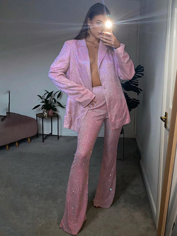 Valenzora | Neues Camisole, schmale High-Waist-Hose, sexy Pailletten-Jackenanzug-Set (Dreiteiler)
